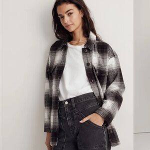 Madewell Twill Flannel Shacket in Windowpane Plaid 100% Cotton cream/black
